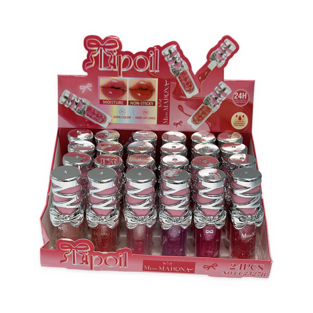 Caja exhibidora de 24 piezas de Aceite Labial Moño